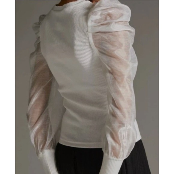 Anthropologie Dolan Sheer Puff Sleeve Ribbed Top Sweater Organza Ivory White‎ S - Picture 4 of 15